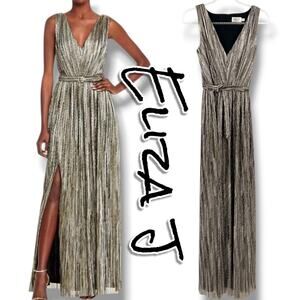 Eliza J Shimmering Belted Gown Gold Metallic Pleated Maxi Dress 6 Formal Wedding